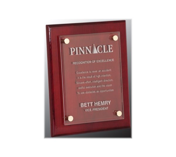 Piaono finish wood plaque with a floating acrylic plaque award.