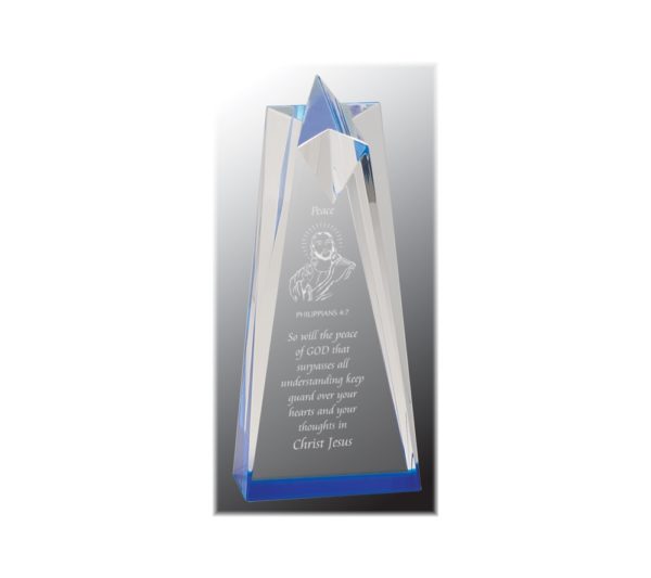 Sculpted acrylic star shaped award with blue highlights.