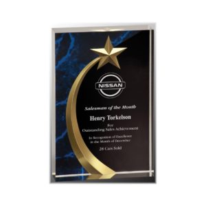 Shooting star on a rectangular acrylic square award with a blue marble background.