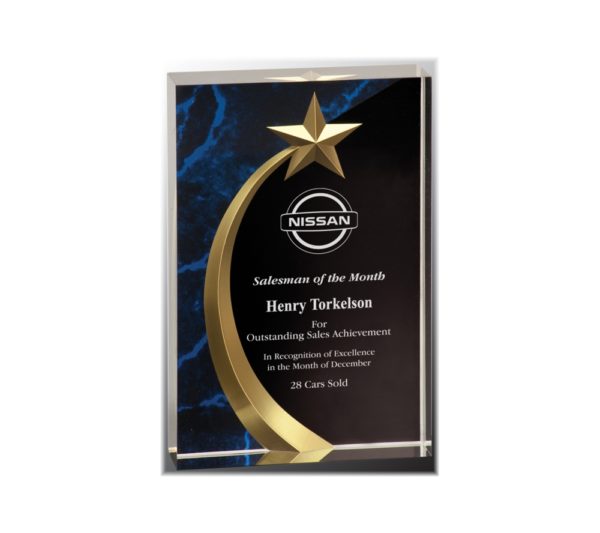 Shooting star on a rectangular acrylic square award with a blue marble background.