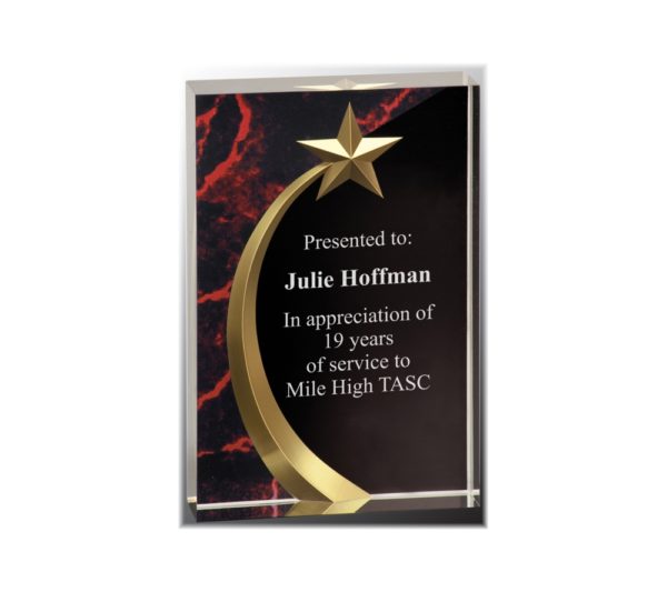 Shooting star on a rectangular acrylic square award with a red marble background.