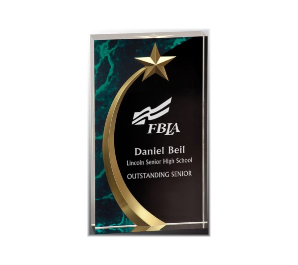 Shooting star on a rectangular acrylic square award with a green marble background.