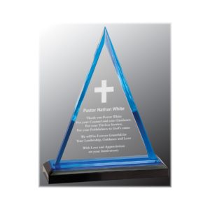 Triangle impress acrylic award with blue highlights.