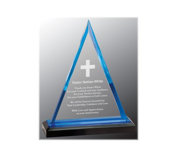 Triangle impress acrylic award with blue highlights.