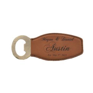 Custom engraved leather bottle opener.