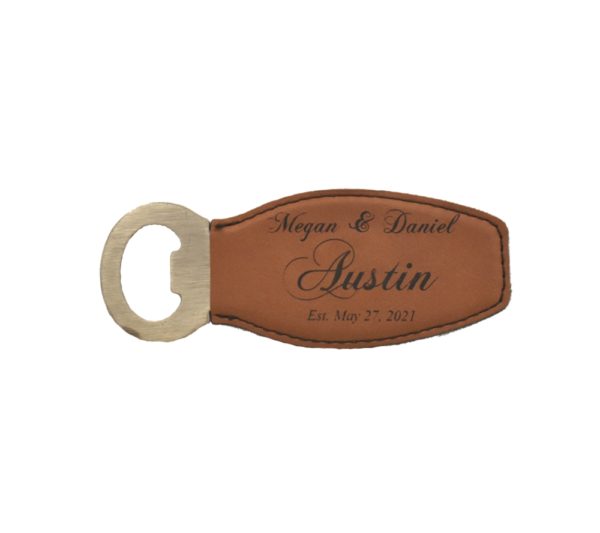 Custom engraved leather bottle opener.