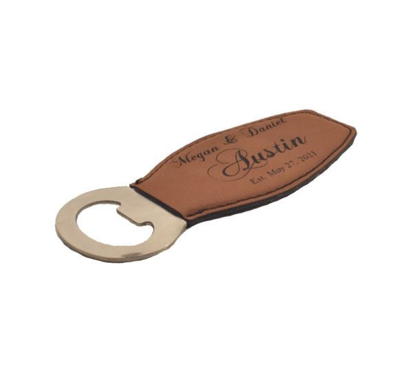 Custom engraved leather bottle opener.