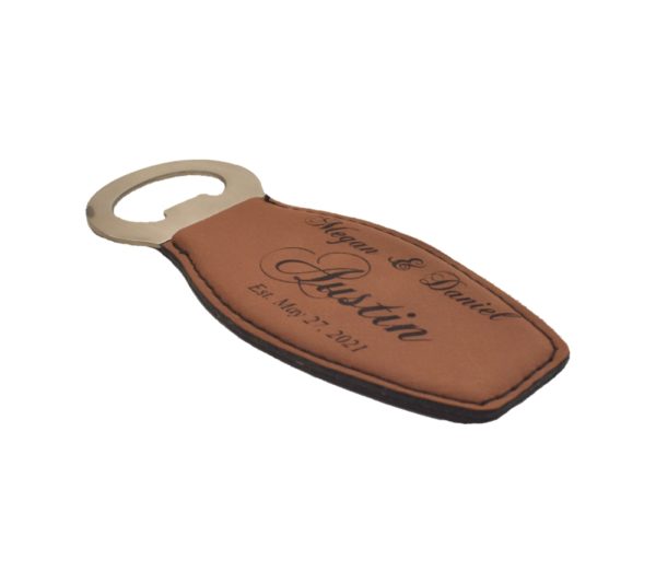 Custom engraved leather bottle opener.