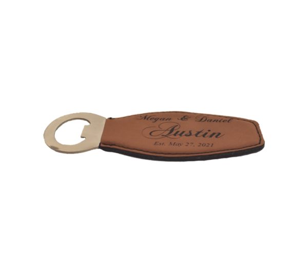 Custom engraved leather bottle opener.