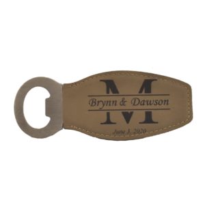 Custom engraved leather bottle opener.