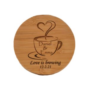 Custom engraved bamboo coaster.