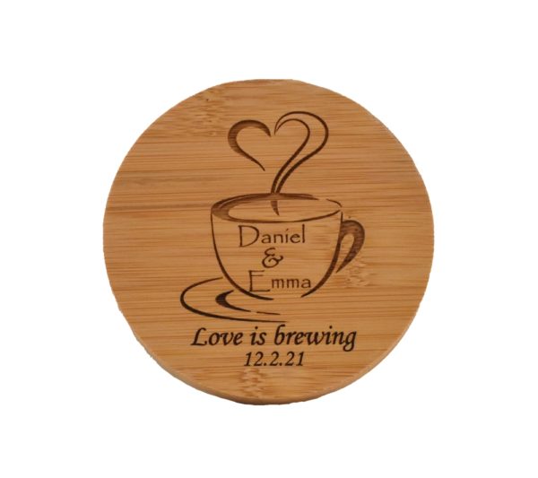 Custom engraved bamboo coaster.