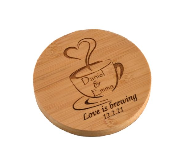 Custom engraved bamboo coaster.