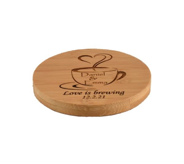 Custom engraved bamboo coaster.