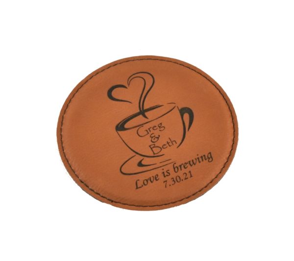 Custom engraved leather coaster.