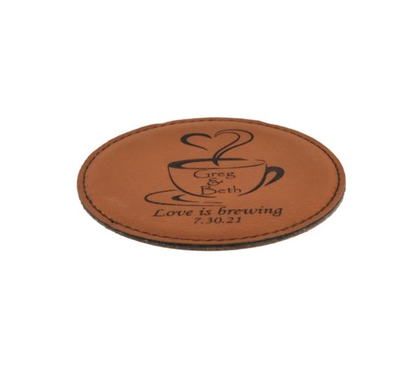 Custom engraved leather coaster.