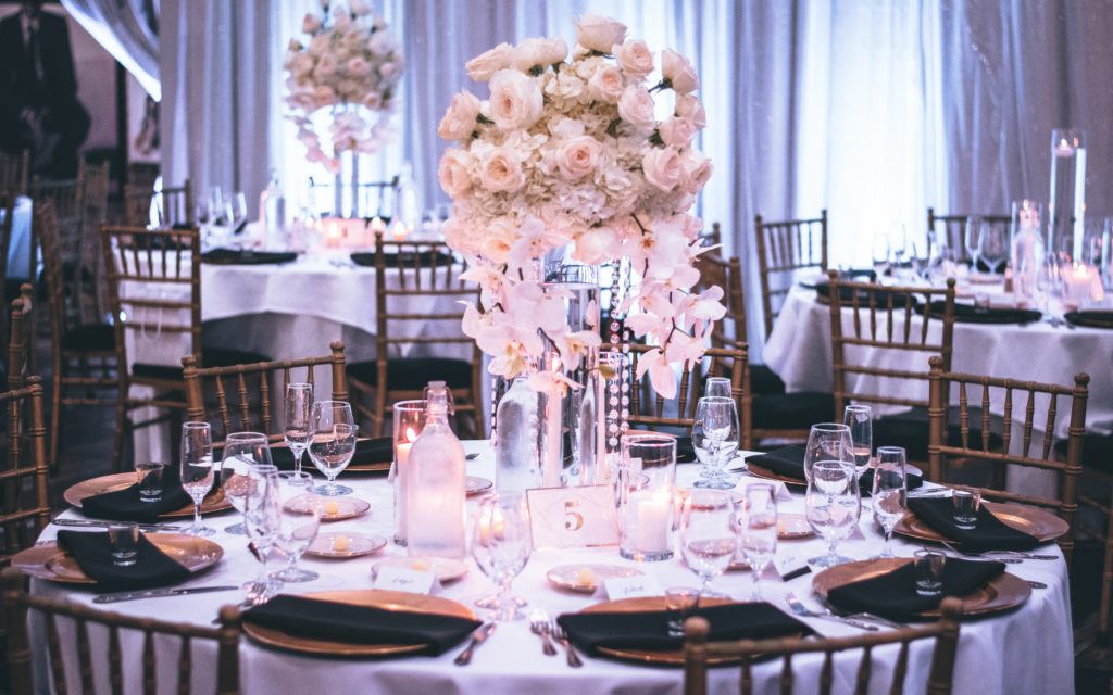 Festive table setting at a wedding venue