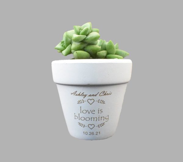 Love Is Blooming Engraved White Clay Pot Wedding Favor