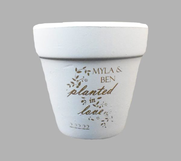 Planted In Love Engraved White Clay Pot Wedding Favor