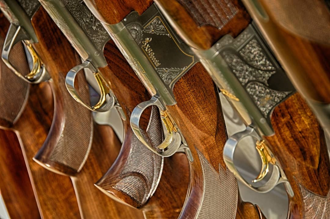 Collection of rifles with wooden handles.